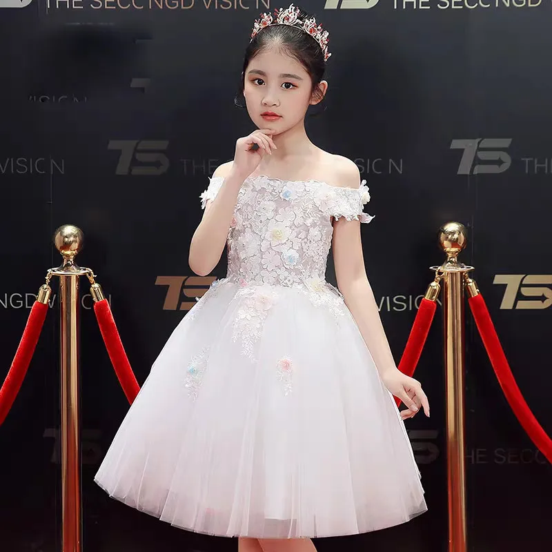 

2019Summer White Color Elegant Appliques Flowers Birthday Wedding Party Princess Prom Dress Kids Teens Evening Host Prom Dress
