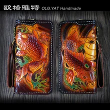 OLG. YAT ручной работы кожаный бумажник с резьбой две рыбы кошелек Сумочка Ретро Винтаж молния длинная сумка из чистой коровьей кожи Подходит для мужчин сумки