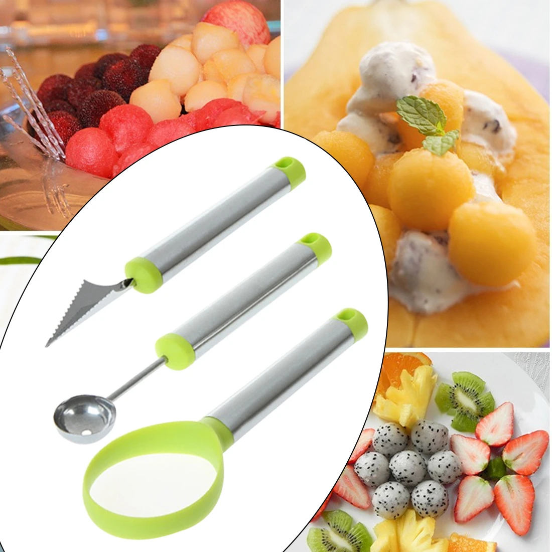 Newest 3pcs/set Stainless Steel Double End Multi Function Fruit Melon