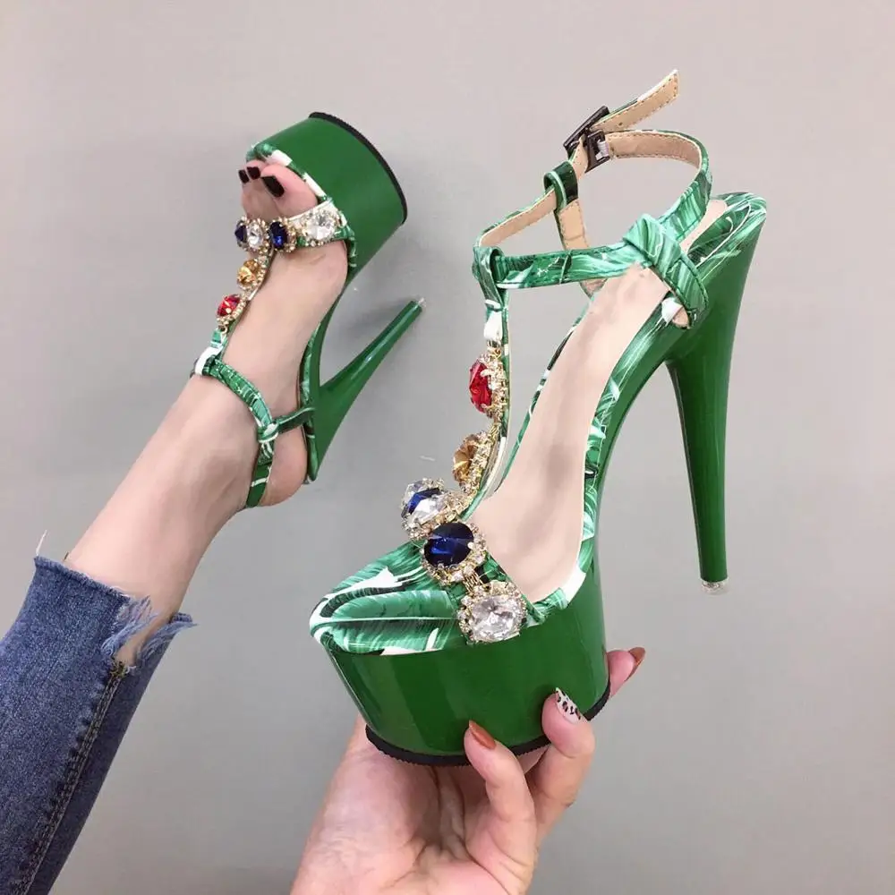 

Luxury Green Crystal Platform High Heels Sandals For Women Summer T-strap Open Toe Thin High Heels Women Concise Sandals Shoes