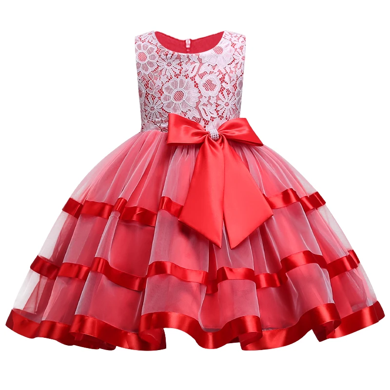 Рождественское платье кружевные платья с цветочным узором для девочек, для свадебной вечеринки, шелковое платье принцессы с бантом детское Новогоднее платье - Цвет: Красный