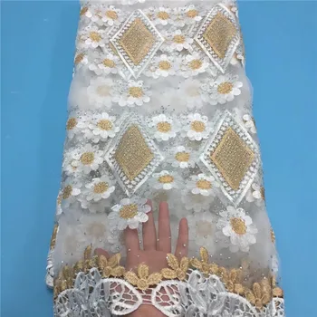 

French Bead Lace Fabric Green 2018 Latest African Mesh Tulle Lace Fabric 5Y Nigerian Guipure Lace Fabric High Quality (YD-4-19