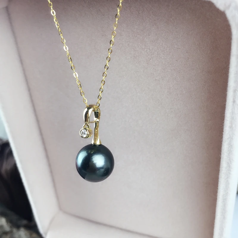 

AINUOSHI 18K Yellow Gold Natural Tahiti Black Pearls Pendant Necklace SI1-G/H Diamond Women Wedding Engagement Link Chain 9-10mm