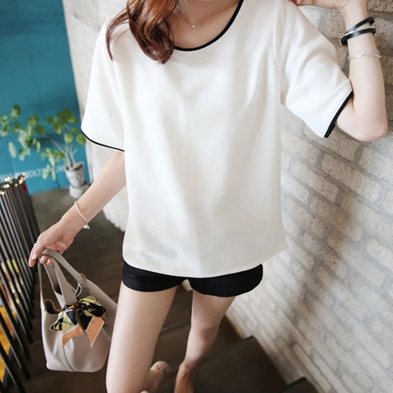 فضفاض عارضة تي شيرت الصيف جديد س الرقبة قصيرة الأكمام الصلبة المرأة تي شيرت للفتيات طالب أسود أبيض سيدة قمم المحملات زائد حجم