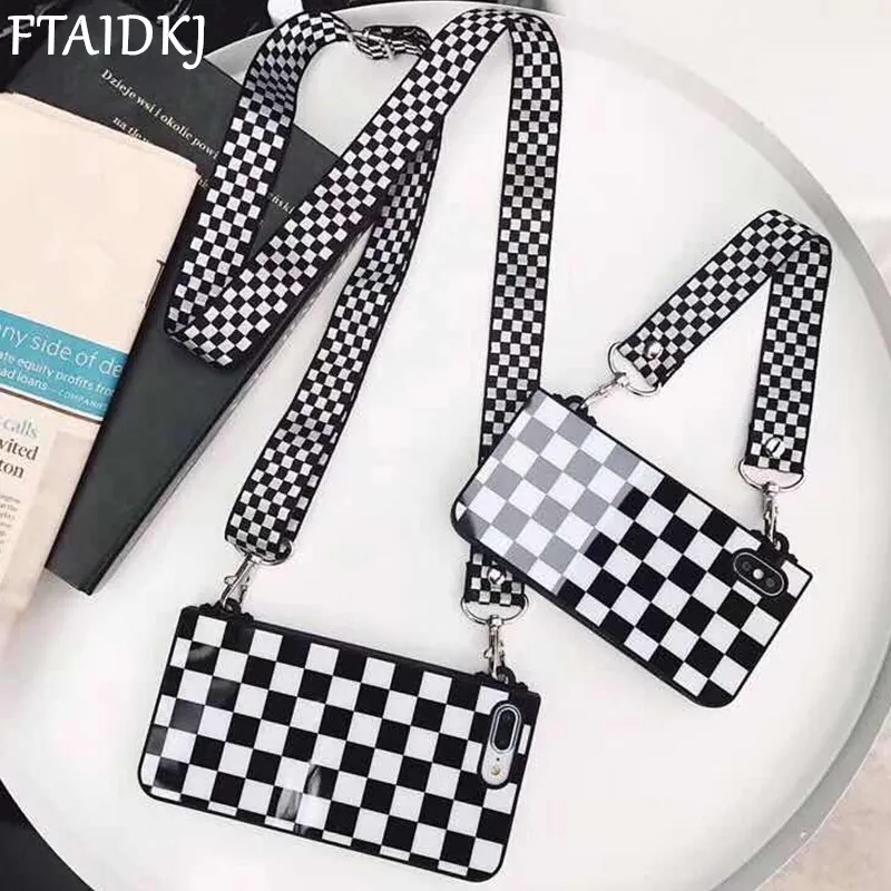 

Luxury Retro Black White Lattice Gird Silicon Phone Bag For iPhone XS Max Case For iPhone XR X 6 6S 7 8 Plus With Shoulder Strap
