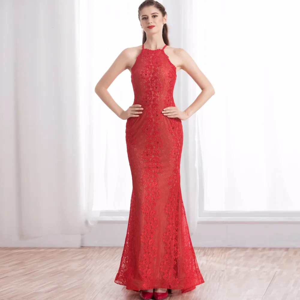 Long Red Elegant Lace Mermaid Red Evening Dress 2017 beading Prom Dresses halter Neck Party Dress Robe De Soiree DT17027