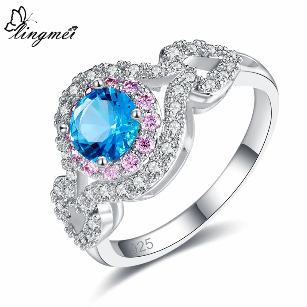 

lingmei Gorgeous Men Fashion Round Cut Blue White Black Cubic Zircon Wedding Jewelry Silver Ring Size 6 7 8 9 Mysterious