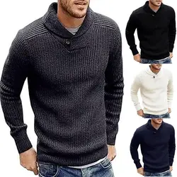 Осень 2018 г. Новый для мужчин водолазка свитер пуловер одноцветное цвет с длинными рукавами и пуговицами высокое средства ухода за кожей