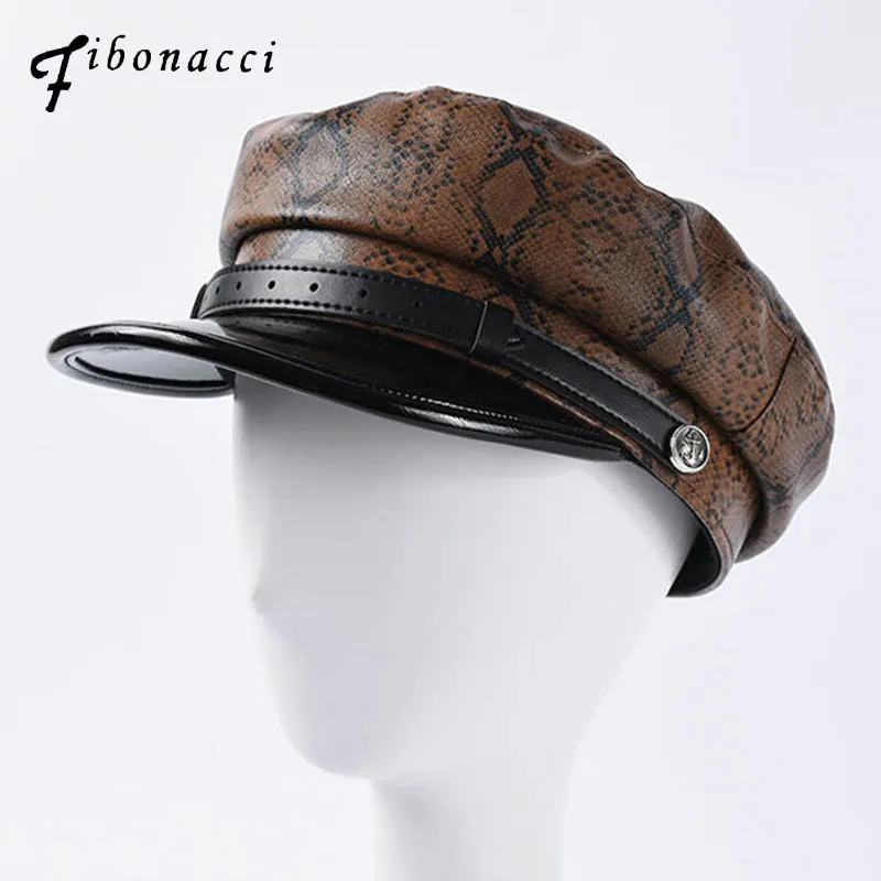 

2019 New Fashion Snakeskin Pattern Military Hats High Quality Leopard PU Leather Ladies Flat Top Hat Bone Tain Women Army Caps
