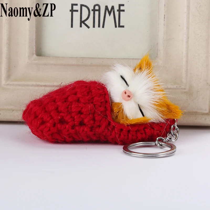 

Naomy&ZP Sleeping Cat Pompom Keychains For Women Girls Handmade Woven Shoes Faux Rabbit Fur Kitten Key Chains Fluffy Car Keyring
