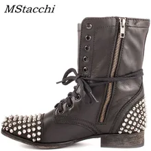 MStacchi remaches planos botas de tobillo para mujer botas de combate negro Cool Girl tachuelas botines de encaje zapatos Punk botas Rocker envío gratis(China)