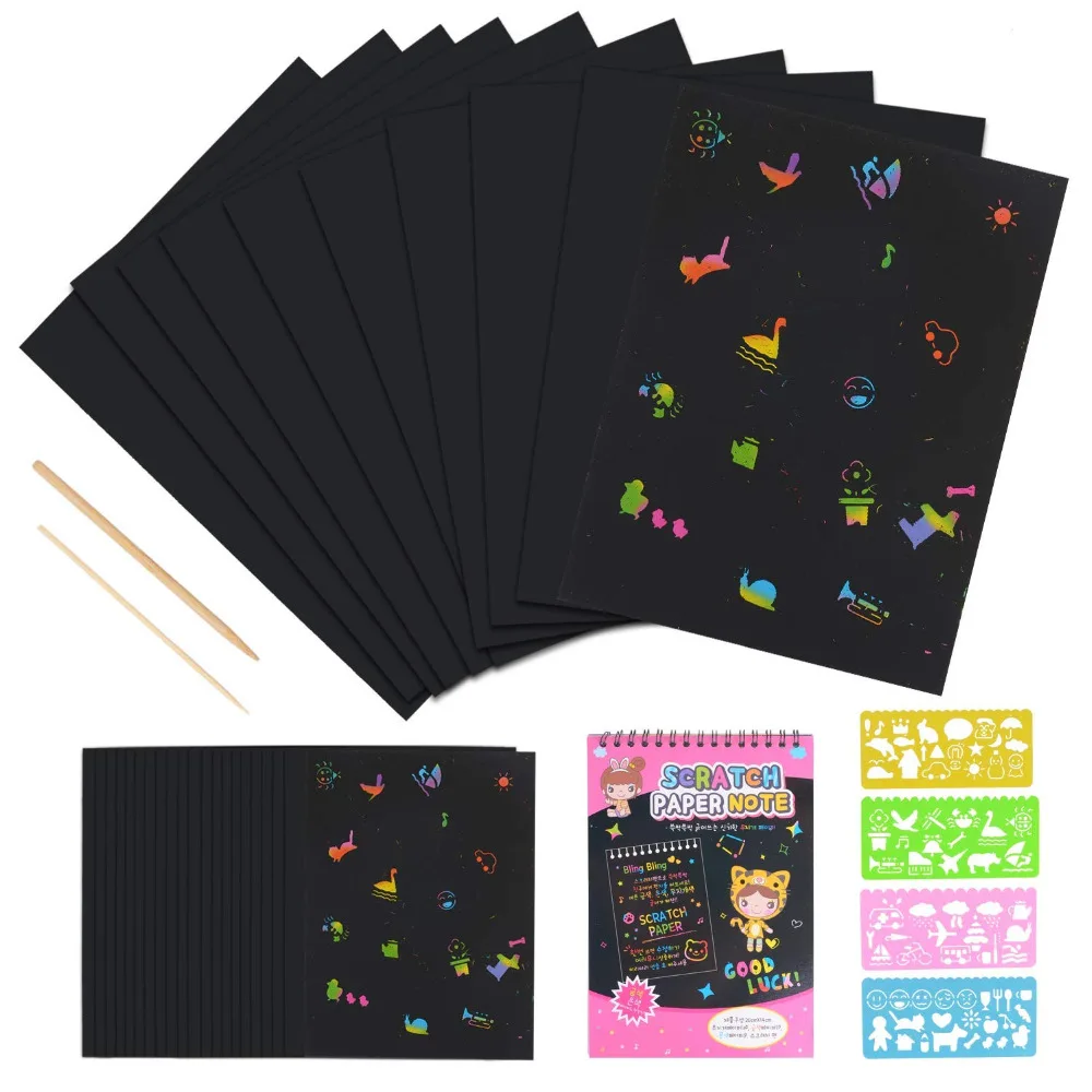 

50 Sheet Rainbows Scratch Paper Scratch Paper Combo Art Set Rainbow Art Doodle Pad Colorful with 4 Drawing Template Stencil Rule