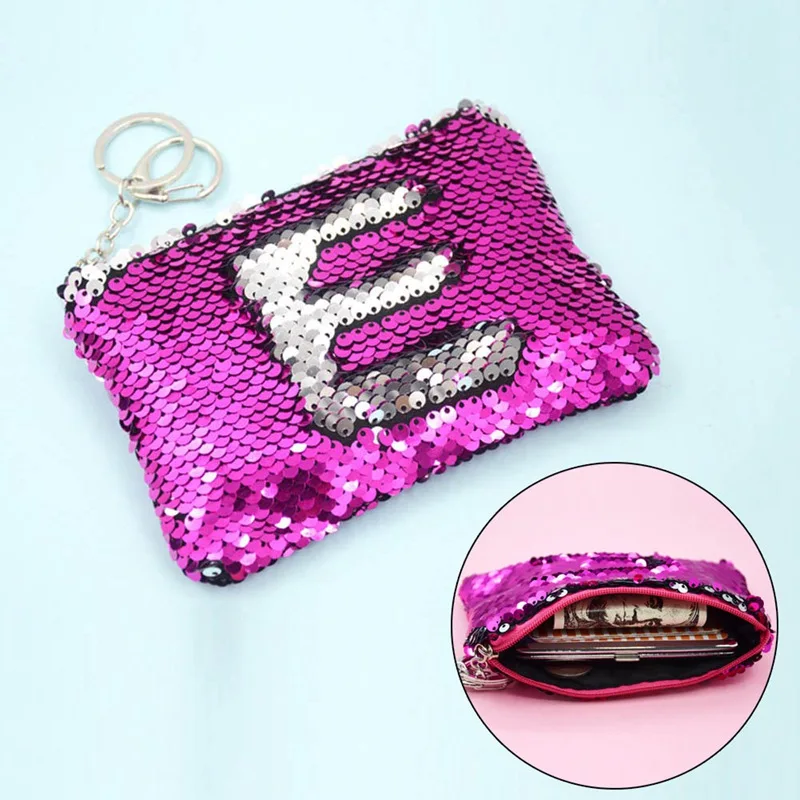 

Cute Girls Portable Keychain Sequins Change Purse Bag Mini Creative Love Letter Zipper Wallet Ladies Glitter Shopping Bag