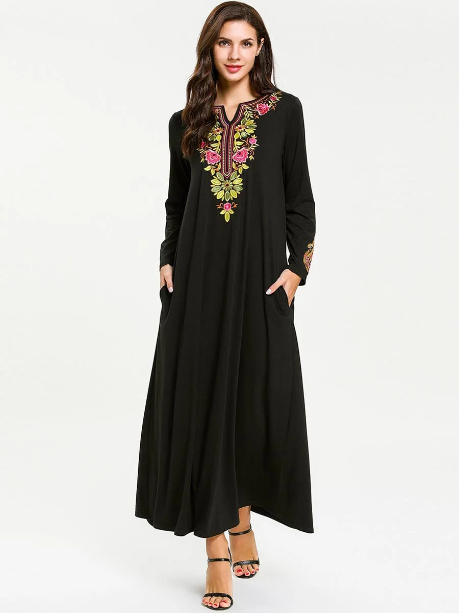 

2019 New 4XL plus size Women Arab Muslim embroidery Robe Dress Turkish Dubai Abaya Musulman Arab Dresses
