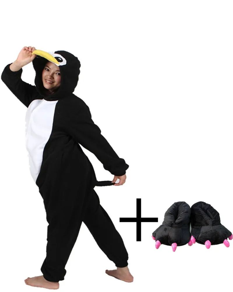 

New Unisex Fantastic Onesie Winter Fabric Long Sleeve Animal Pajamas Whole Soft Cute Paw Shoe Black Penguin Pijama Hot Sale