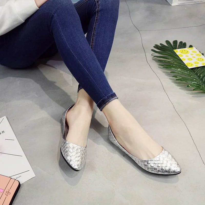 Gold-Retro-Woven-Leather-like-Casual-SLIP-ON-Pointed-Toe-Womens-Ballerina-Flats (4)