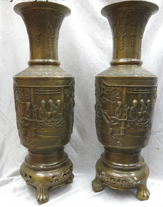 

zhaomeirui37++19" China brass copper carved figure terraces and open halls Vases pair Statue