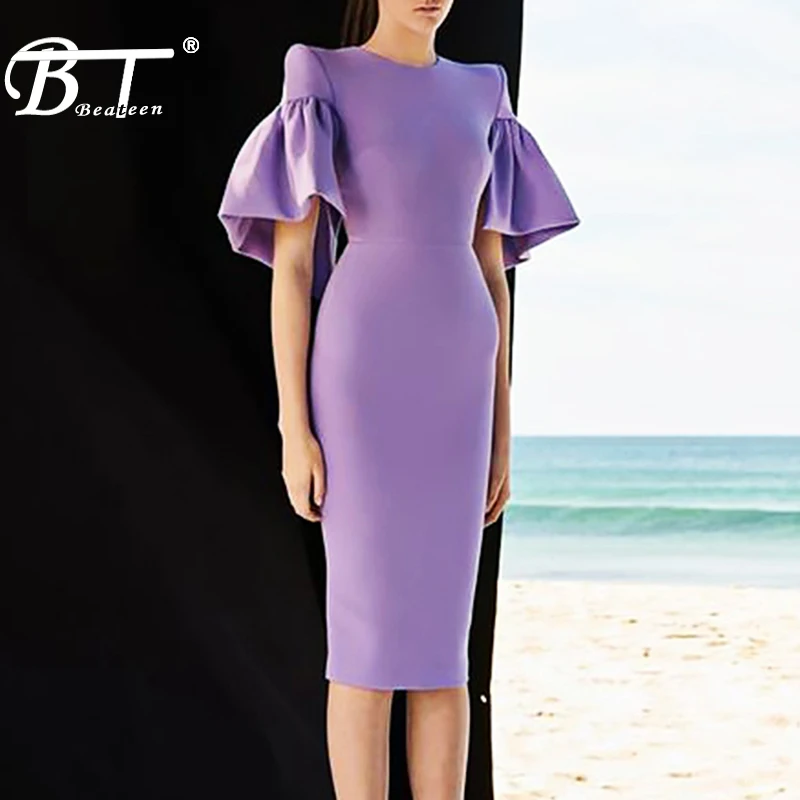 Beateen 2019 New Fashion O Neck Ruffle Short Sleeve Club Dress Women Party Bodycon Midi Dress Black Purple|Dresses| - AliExpress
