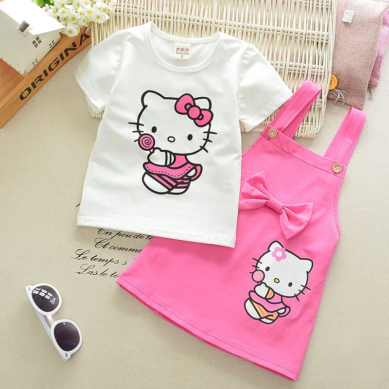 Одежда для девочек хлопковая юбка на подтяжках летняя футболка с короткими рукавами из двух предметов качественная одежда для детей 1-4 лет с рисунком кота - Цвет: Photo Color