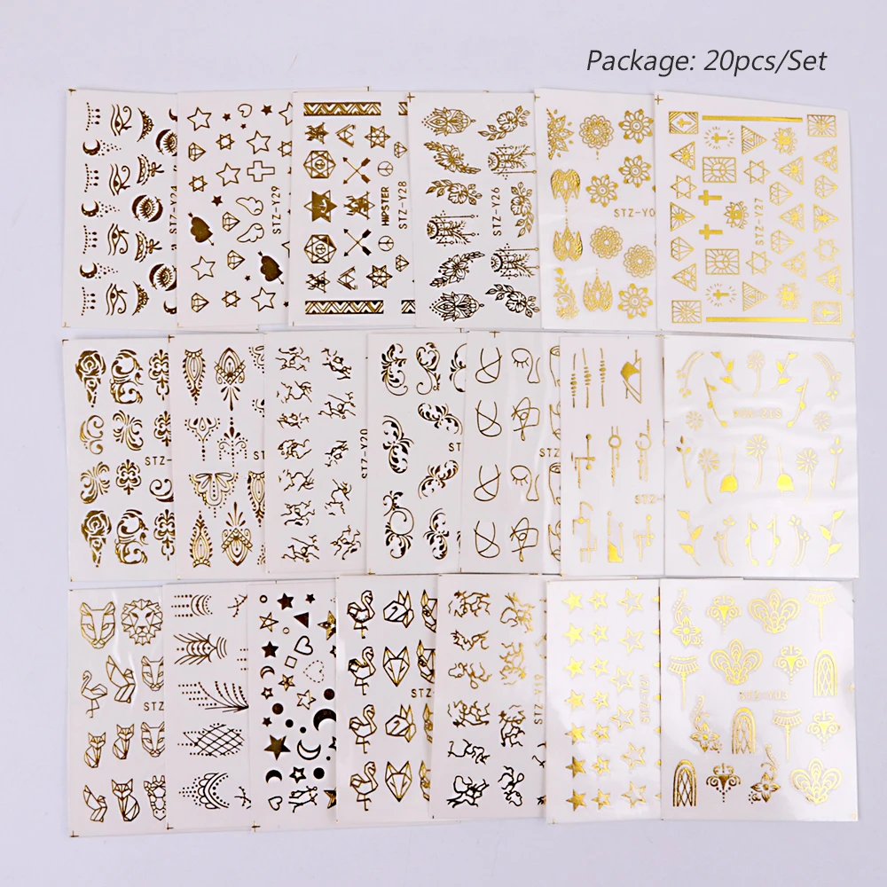 20pcs Water Decals Gold Stickers Nails Galaxy Stars Flower Vine Geometry Animal Tiger Flamingo Watermark Adhesive Sliders BEYY20