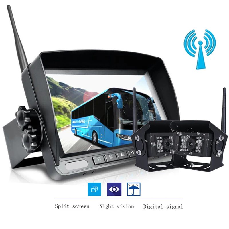 

Wireless 2 Backup Cameras IR Night Vision Waterproof with 7 inch Rear View Monitor for RV Truck Bus Parking Assistance System