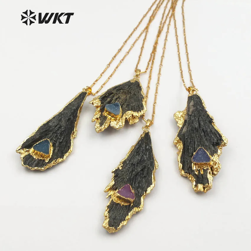 WT N1123 Wholesale Custom Natural Black Kyanite Necklace With Druzy