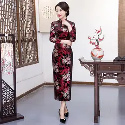 Шанхай история осень длинные бархатные платье Чонсам Замочная скважина с длинным рукавом Винтаж чеонгсам с цветочным узором Для женщин