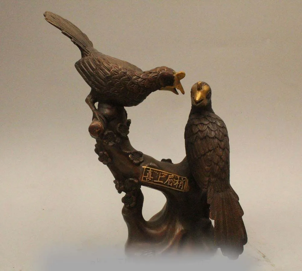 

10" Chinese Fengshui Bronze Magpie Two Bird spouse Play plum blossom Statue scul