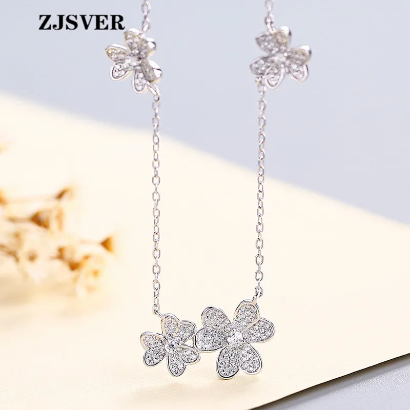

ZJSVER Fine Jewelry 925 Sterling Silver Necklace Simple Flower Pendant Fashion Silver Clavicle Chain Women Necklace For Present