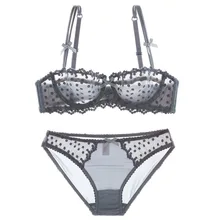 JIGERJOGER серый черный белый половина чашки прозрачное кружевное белье тонкий пуш-ап бантик на косточках Мягкий бюстгальтер и трусы комплект нижнего белья