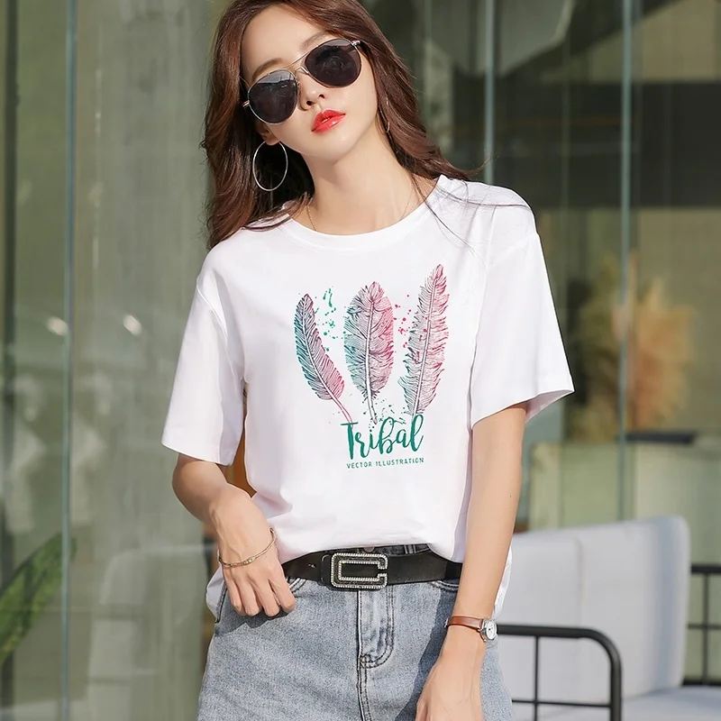

Summer Short Sleeve T-Shirt Women's Cotton Printed Round Neck T Shirt Top Korean Clothes Blusas