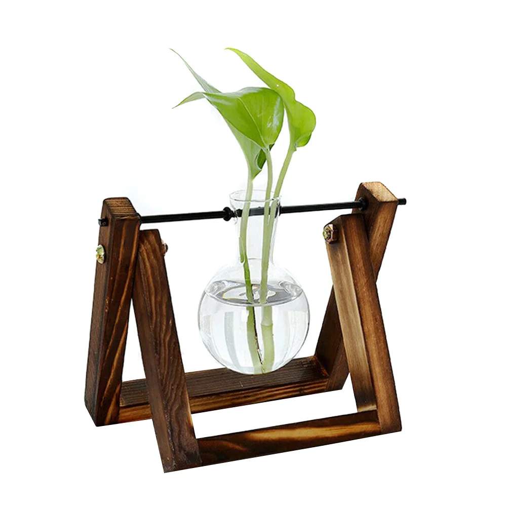 Brown Single Vase Гидропонное стекло ящик для комнатных растений, круглая объемная ваза с деревянная подставка, лоток настольный стол Декор DC120 - Цвет: Brown Single Vase