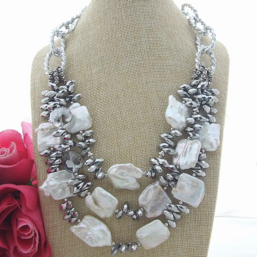 

S122706 21" 3 Strands White Square Keshi Pearl Crystal Necklace