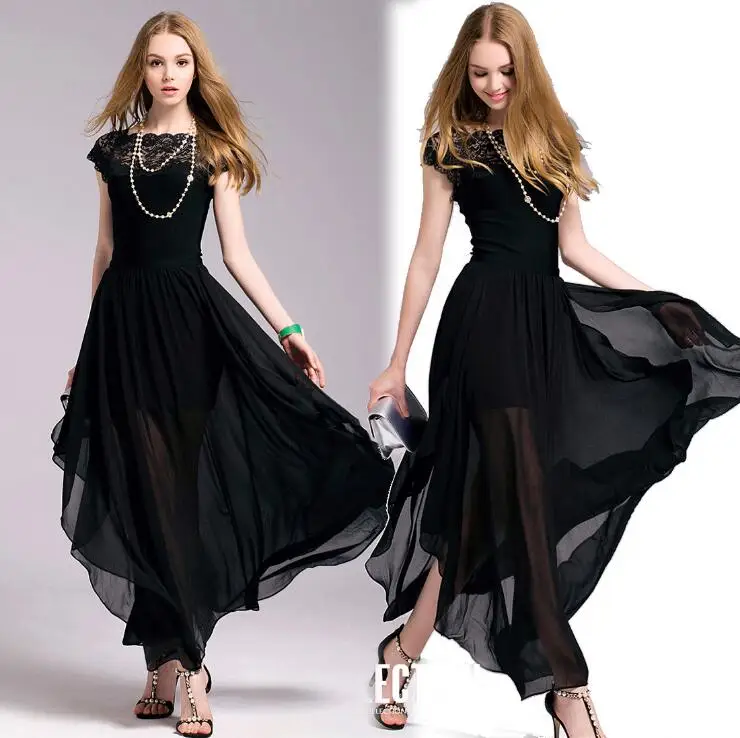 Женское шифоновое платье черное длинное облегающее сексуальное 2019|summer chiffon