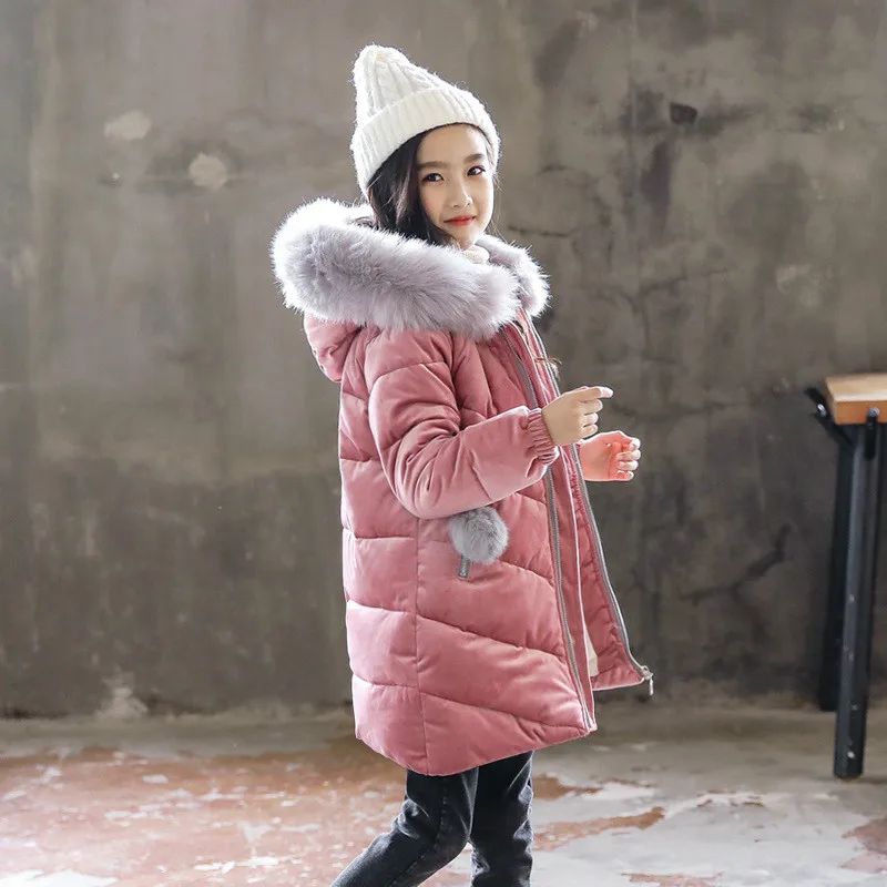 Зимнее пальто для маленьких девочек; одежда для детей; Одежда для девочек; плотная куртка с капюшоном и большим меховым воротником; детская одежда; парки; 2 цвета - Цвет: Розовый