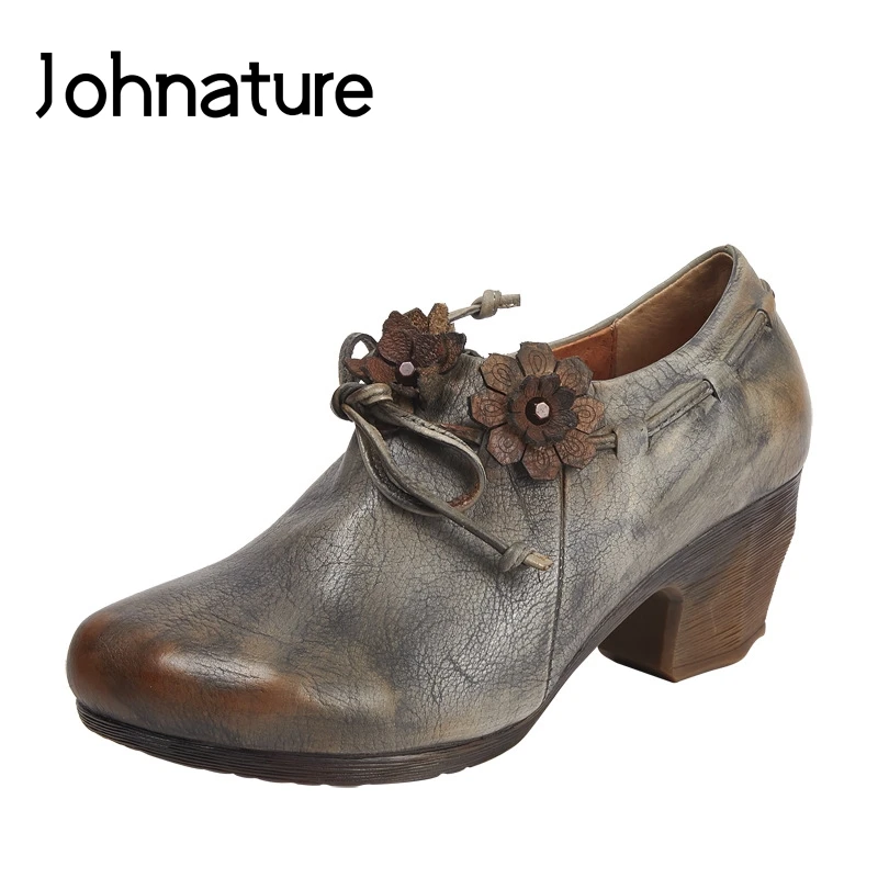 

Johnature 2019 New Spring/Autumn Handmade Genuine Leather Round Toe Casual Zipper Cross-tied Retro Flower Women Shoes Pumps
