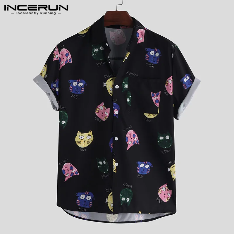 Beste INCERUN Mannen Shirt Cartoon Gedrukte Korte Mouwen Losse Casual Hawaiian Shirt Mannen Zomer Cool Fashion Streetwear Paar Shirts 2019
