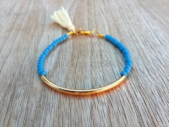 

H-B68 Trible Jewelry Gold Silver Tube Bracelet Blue Seed Beaded Tassel Bracelet