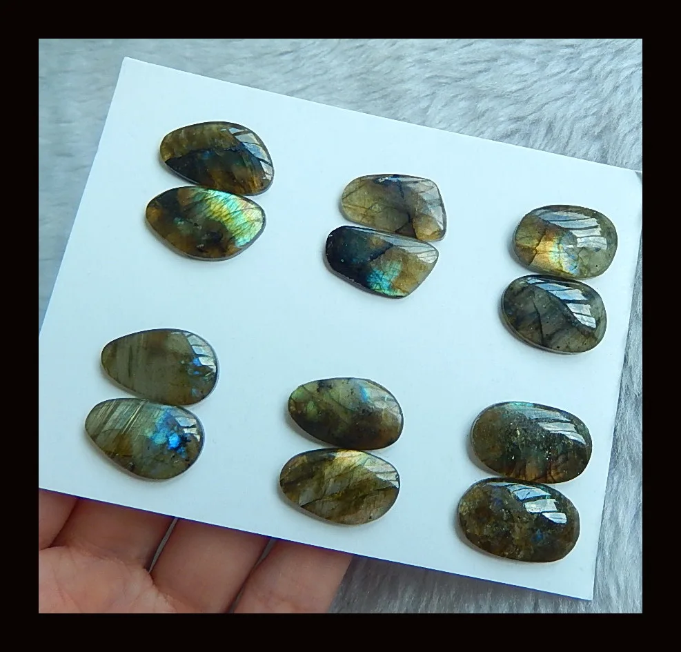 

New Design Natural Stone 6 Pairs Of Labradorite Cabochon Pairs,20x12x4/19x10x3mm,16.8g