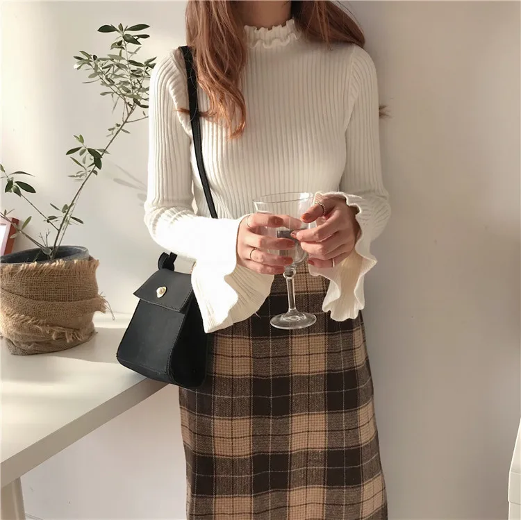 2018 Winter Casual Solid Basic Women Pullover Sweater Lady Thin Knitted Ruffled Collar Long Flare Sleeve Sweater 2018 Winter Casual Solid Basic Women Pullover Sweater Lady Thin Knitted Ruffled Collar Long Flare Sleeve Sweater