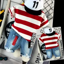 Летняя одежда для маленьких мальчиков, 2 предмета полосатая футболка с короткими рукавами+ джинсовые шорты Популярные штаны комплект повседневной одежды