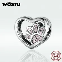 WOSTU S925 бусины следы сердце любовь 925 пробы Серебряный Шарм бусины подходят браслет и браслет для женщин подарок BKC1191