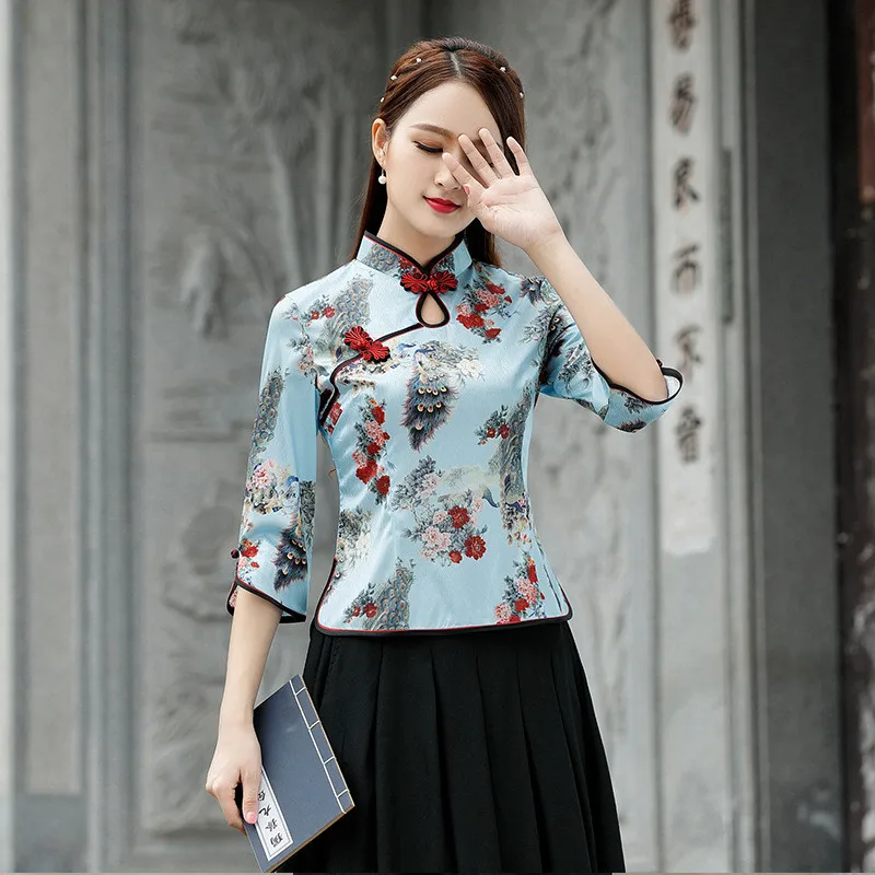 Весенняя и Летняя шелковая блуза Cheongsam, улучшенный винтажный традиционный костюм Tang, топы, женская Китайская одежда