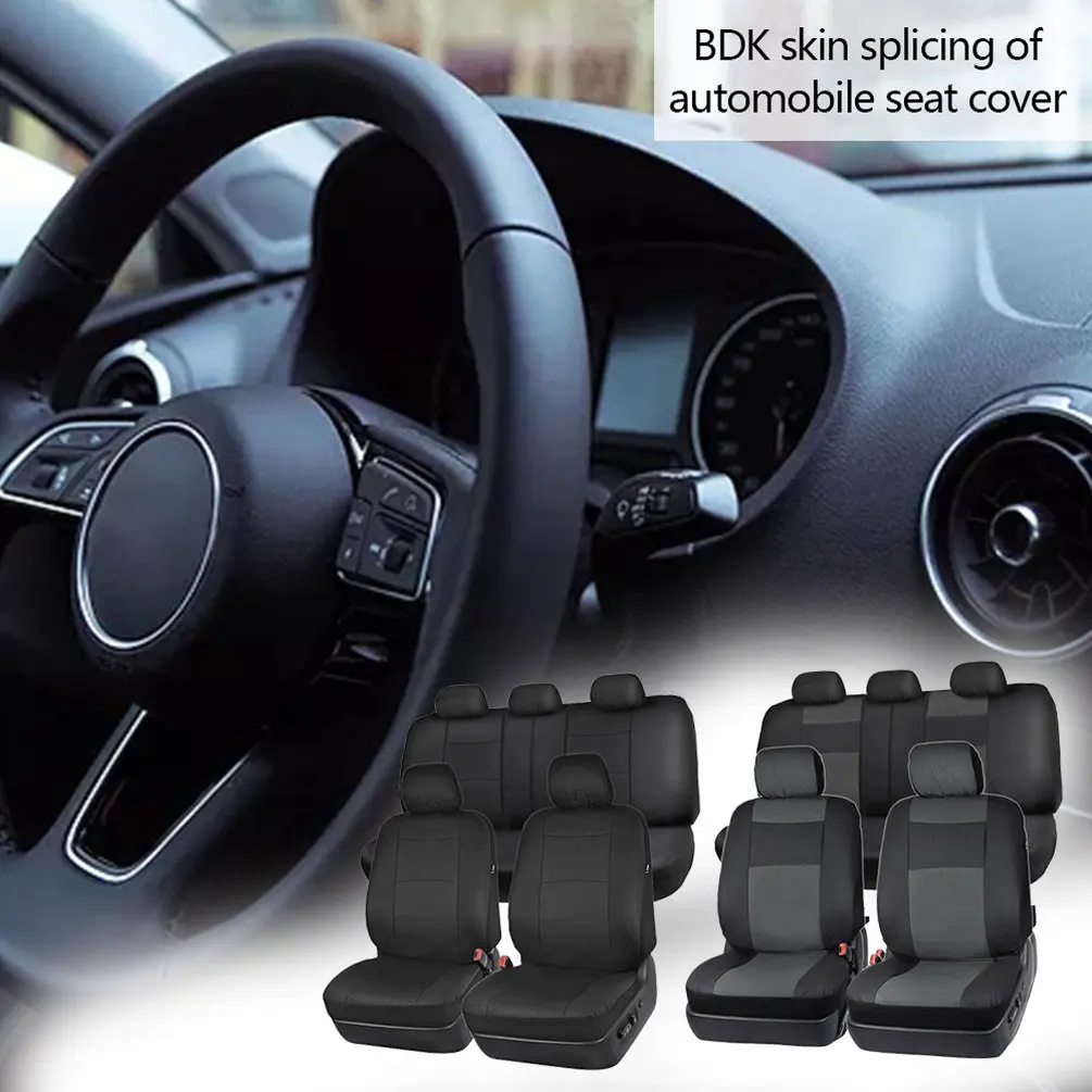 

9PCS Synthetic Pu Leather For Low Bucket Seats With Separate Headrests Seat Covers For Car Suv Auto Steering Wheel Cover