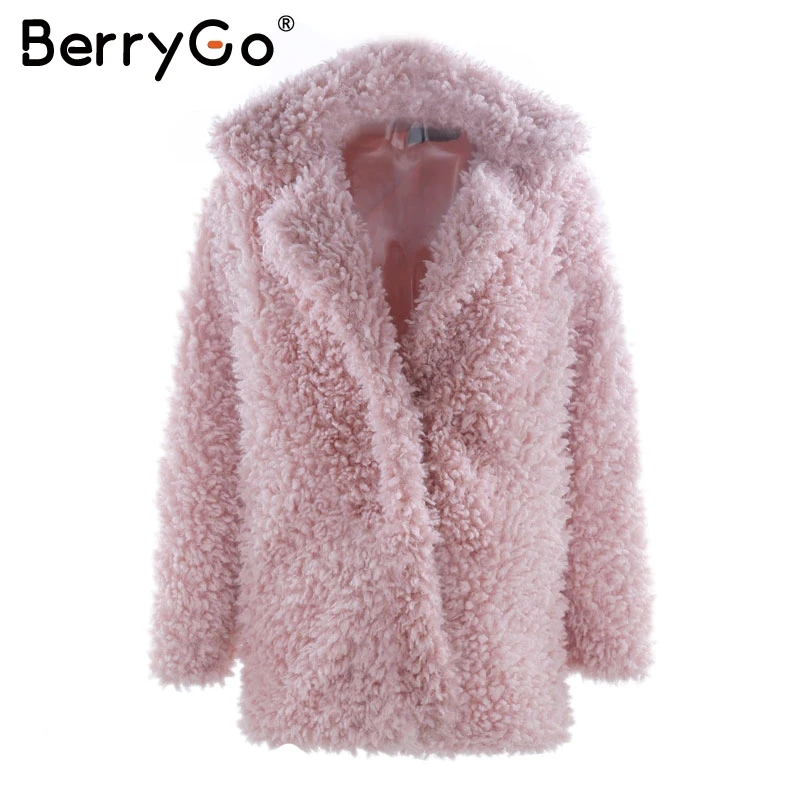 BerryGo модная уличная одежда больших размеров длинное пальто женское плюшевое розовое повседневное осеннее пальто Верхняя одежда теплое зимнее пальто из искусственного меха для женщин