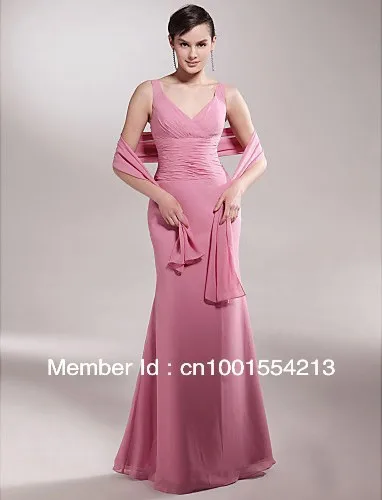 ELEGANT Long Evening Dresses For Cheap Pink Trumpet/Mermaid V-neck Chiffon Mother of the Bride Dress With A Wrap 00049607 | Свадьбы и