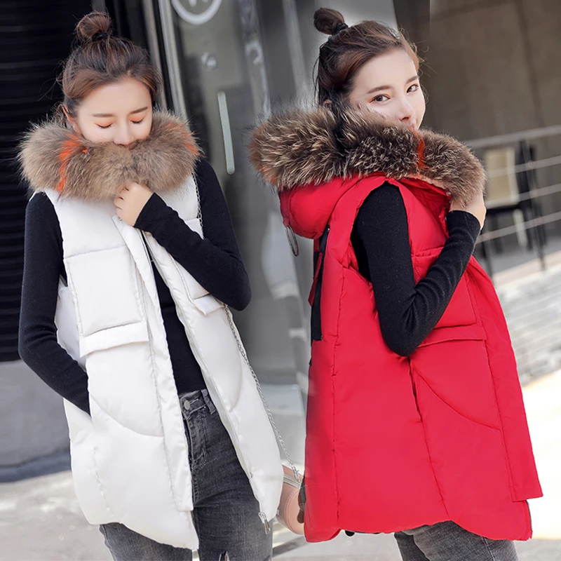 Hot 2018 Women Large Fur Collar Vest Waistcoat Female Winter Slim Hooded Long Vest Sleeveless Jacket Lady Thick Warm Outwear