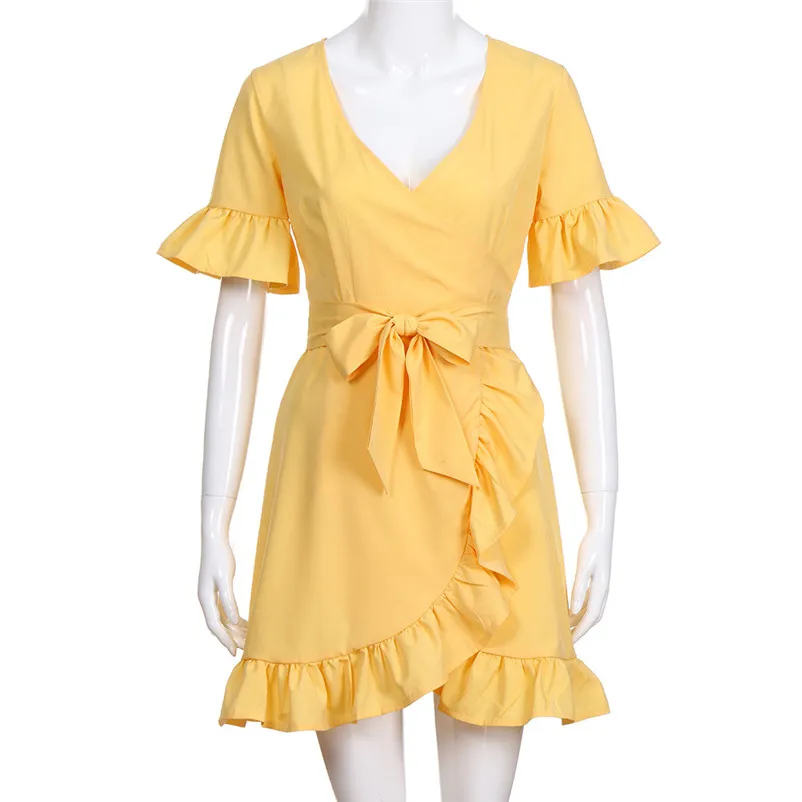 HOT sell Fashion summer dress beach dress Women casual V-Neckline Dress Solid Short Sleeve Irregular dress vestidos Y12#N (10)