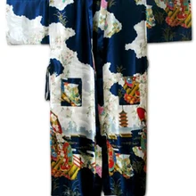 Темно-синий китайский женский традиционный шелковый халат винтажное кимоно кафтан банное платье Новинка принтованная Ночная рубашка Размеры S M L XL XXL XXXL WR051