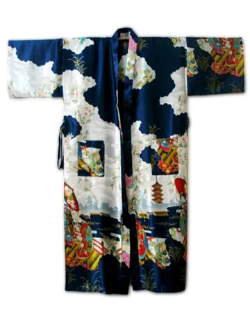 

Navy Blue Chinese Women Traditional Silk Robe Vintage Kimono Kaftan Bath Gown Novelty Printed Nightgown S M L XL XXL XXXL WR051